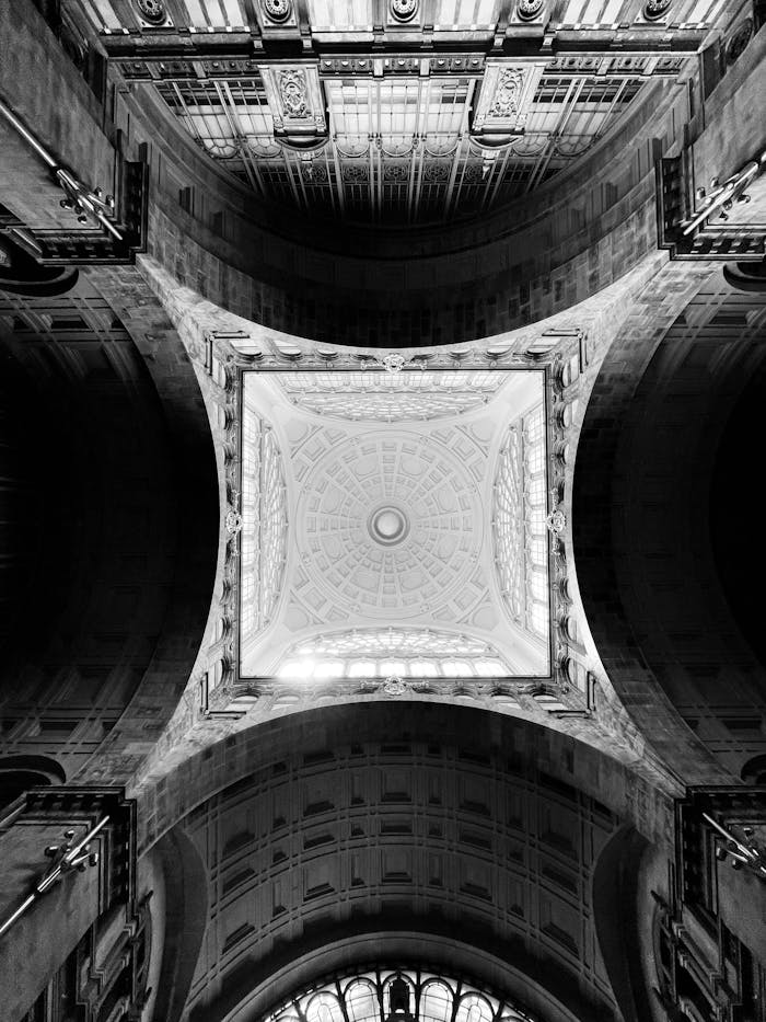 Monochrome view of a neoclassical dome with intricate symmetry and vaults.