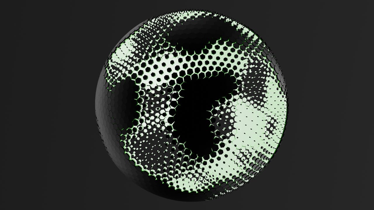 A captivating abstract 3D sphere with geometric patterns and textures on a dark background.