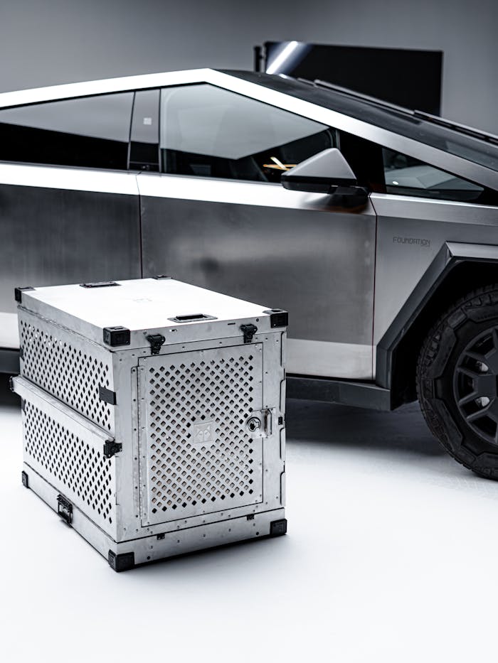 A sleek metallic dog crate beside a futuristic truck. Perfect for pet lovers.